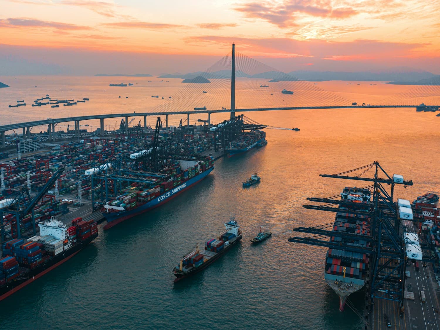 Container port at sunset